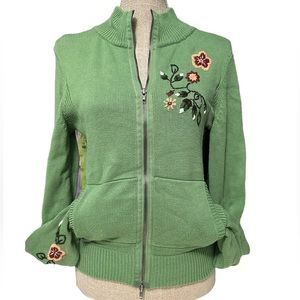 Mossimo knit cardigan size large green with embroidery and real pockets. Zip up